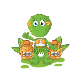 Sticker - alien hawaiian waving character. cartoon mascot vector