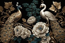 Elegant Leather Base Golden And White Floral Damask Seamless Flowers With Gold And White Peacock Isolated On Black Background. Matelic, Italian, Chaines 3d Interior Mural Wall Art Wallpaper. AI