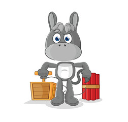 Sticker - donkey holding dynamite detonator. cartoon mascot vector