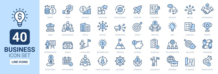 business icon set. profit, partnership, startup, solution, office, leadership and contract outline i