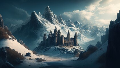 Castle surrounded by snowy mountains