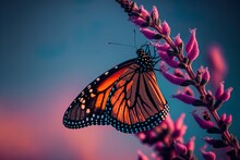 Pictured Is A Monarch Butterfly Perched On Some Pink Salvia Against A Blue Sky. Generative AI