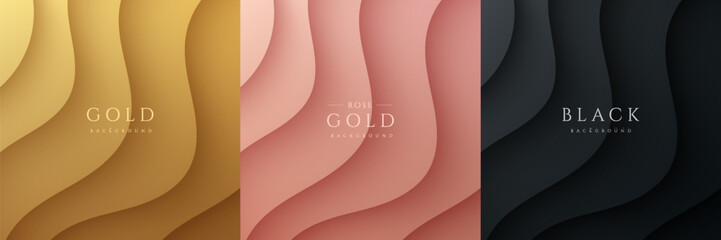 Wall Mural - Set of abstract 3D waves ripples layers pattern on golden, pink gold, black background. Curve topography contour lines texture with light and shadow. Luxury and elegant template design. Vector EPS10.