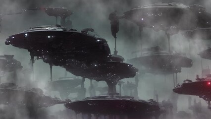Sci Fi alien spaceships invading blinking lights thick smoke abstract