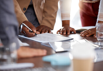 Sticker - Hands, documents and meeting with a business man signing a contract in the office during a negotation. Accounting, collaboration or finance with a manager and employee group reading a checklist