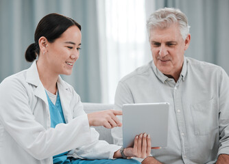 Aufkleber - woman doctor, tablet and senior patient consultation for healthcare advice, services and test result