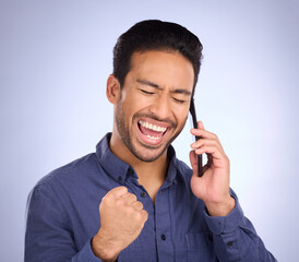 Poster - Phone call, celebration and business man in studio excited about good news and promotion. Happiness, success and online competition achievement with a smile from winning and cellphone motivation
