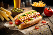 Delicious hot dog on rustic wooden table. AI generated. Fast food, Street food