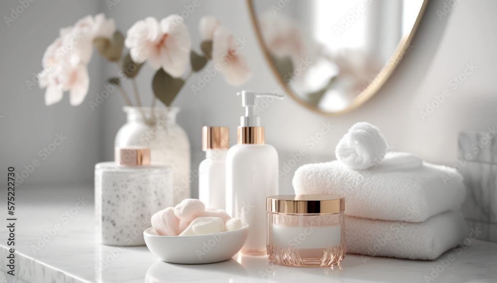 Cosmetic products for body care are displayed beautifully in elegant ...