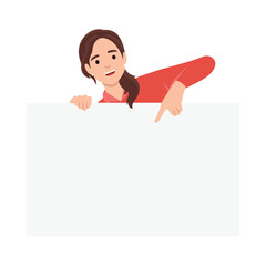 Wall Mural - Cheerful girl is standing behind the white blank banner and pointing down at a copy space. Flat vector illustration isolated on white background