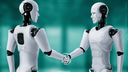 Poster - 3D rendering hominoid robot handshake to collaborate future technology development by AI thinking brain, artificial intelligence and machine learning process for 4th industrial revolution.