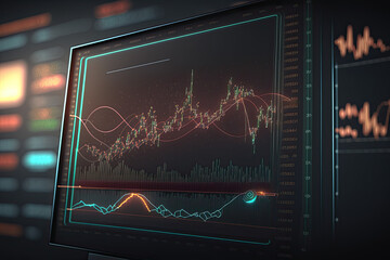 A stock market ticker chart on a computer screen, going up and down.  Concept of stock volatility, investment, financial market, options, derivatives, index, S&P, futures, bond, yield, portfolio