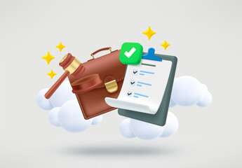 Judicial hammer, briefcase and verdict with checkmark. 3d vector illustration