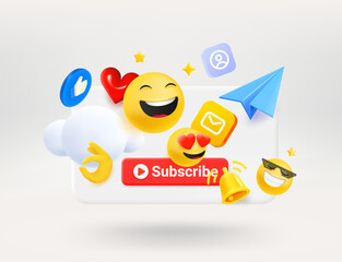 Poster - Social media elements. Red button, blue plane, emojis, icons. Subscribe concept. 3d vector illustration