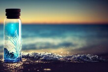 A Message In A Bottle On The Beach With Waves Coming In From The Ocean Behind It And A Blue Sky With Clouds And Blue Sky.  Generative Ai