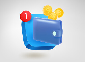 Fototapete - Money transfer wallet app. 3d vector mobile application icon with notification