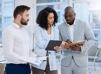 Aufkleber - Discussion, teamwork and business people with tablet, notebook and documents for office meeting. Collaboration, corporate diversity and group of workers working on project, planning and strategy