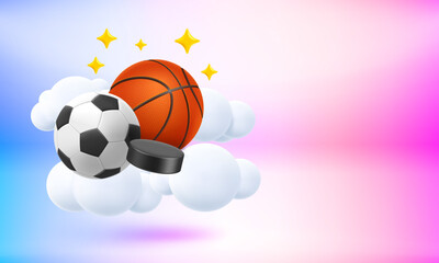 Poster - Balls and puck in a sky. Sport games concept. 3d vector banner with copy space