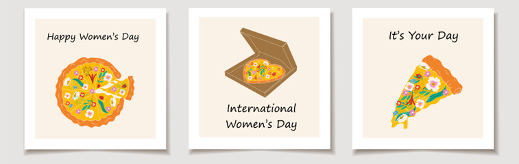  International Women's Day. A set of greeting cards with Pizza with different flowers. Spring pizza