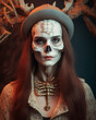Vintage Witch Skeleton in Classic Dress and Fancy hat 