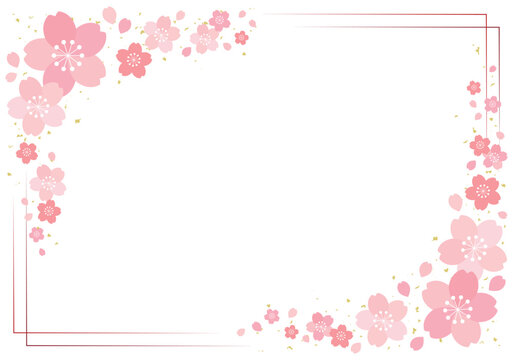 桜の花と細ラインの四角フレーム 背景/赤