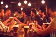 Good Times - Smiling Male Friends Having A Beer Blast At A Packed Bar, Generative Ai