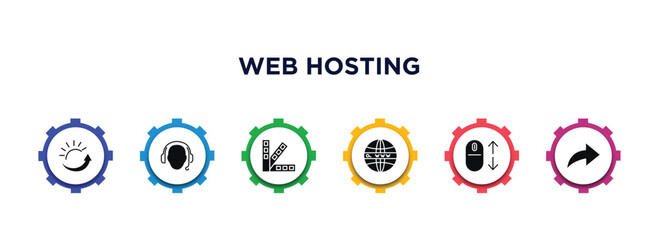 Poster - web hosting filled icons with infographic template. glyph icons such as uptime, tech support, color scheme, domains, scrolling, forwarding vector.