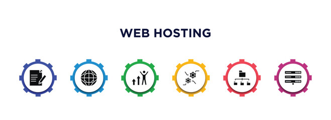 Poster - web hosting filled icons with infographic template. glyph icons such as edit text, globe network, improve, feature, folder management, dns vector.