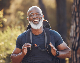 senior black man hiking in nature for outdoor discovery, fitness walking and forest travel journey. 