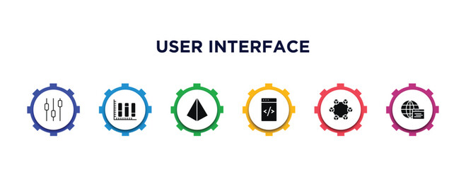 Poster - user interface filled icons with infographic template. glyph icons such as box plot, vertical data bars, triangular pyramid, data coding, data interconnected, window interface vector.