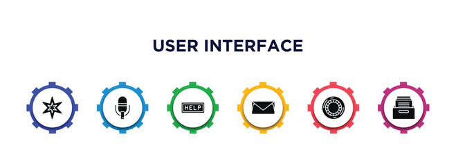 Poster - user interface filled icons with infographic template. glyph icons such as pointed star, record voice button, help web button, letter envelope, hue circle, office material vector.