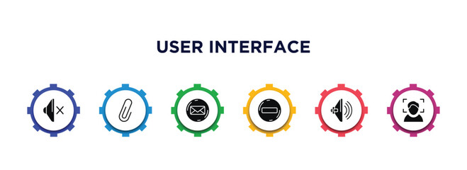 Poster - user interface filled icons with infographic template. glyph icons such as sound off, shaped paper clip, email envelope button, remove round button, high volume loudspeaker, face detection vector.