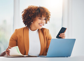 Aufkleber - Black woman, smartphone and laptop, notebook and schedule, organizing calendar with technology and smile. Professional female, business and wifi with email, communication and scheduling mobile app