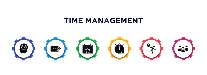 Wall Mural - time management filled icons with infographic template. glyph icons such as time mind, develop, event, out of time, rush, employees vector.