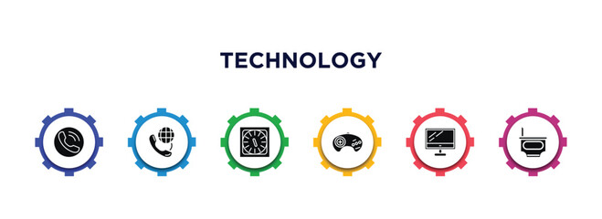Poster - technology filled icons with infographic template. glyph icons such as reciever, international call, kitchen timer, sega gamepad, computer screen linux, power plug vector.
