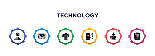 Poster - technology filled icons with infographic template. glyph icons such as reach, mood board, web servers, content curation, user-generated content, caching vector.