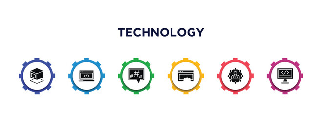 Poster - technology filled icons with infographic template. glyph icons such as virtual box, back end, microblogging, website optimization, affiliate marketing, self-closing tag vector.