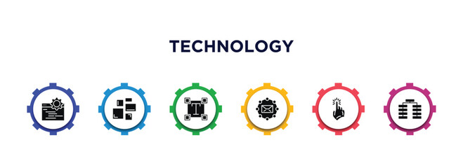 Poster - technology filled icons with infographic template. glyph icons such as ide, grid system, text editor, email marketing, click through rate, type hierarchy vector.