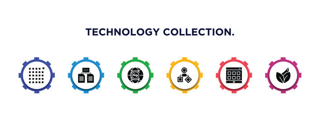 technology collection. filled icons with infographic template. glyph icons such as pixels per inch, data architecture, internet traffic, user flow, web apps, organic vector.