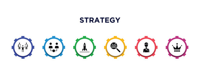 Poster - strategy filled icons with infographic template. glyph icons such as leader, partner, startup, analysis, manager, king vector.