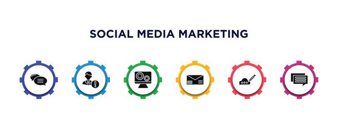 Poster - social media marketing filled icons with infographic template. glyph icons such as message, user warning, system, letter with stamp, feedback, square bubble vector.