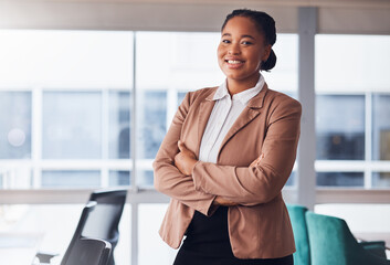 Wall Mural - Black woman, business and portrait with a smile in office with pride for career or job as leader. Young entrepreneur person happy about growth, development and mindset to grow startup company