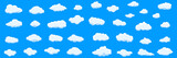 Fototapeta  - White cartoon clouds set isolated on blue background. Collection of different clouds for background template, wallpaper and fluffy sky design. Flat clouds concept. 3D clouds vector illustration