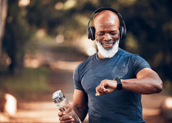 Canvas Print - Black man, music headphones and fitness watch with a water bottle and smile outdoor for cardio time. Senior person outdoor with smartwatch for exercise, workout and training for health and wellness