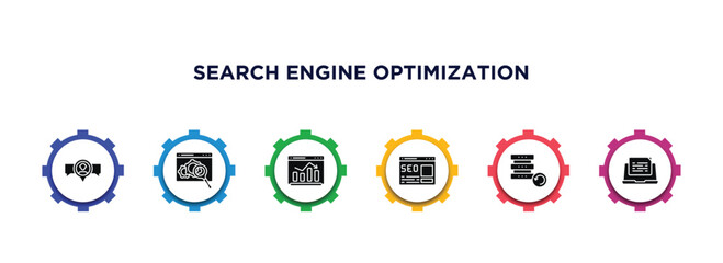 Poster - search engine optimization filled icons with infographic template. glyph icons such as viral marketing, monitoring, graphic, home page, backup, blogging vector.