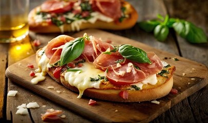  a wooden cutting board topped with bread covered in cheese and toppings.  generative ai