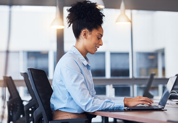 Poster - Laptop, flare and review with a business black woman typing an email or report while sitting in the office boardroom. Computer, internet and networking with a female employee working on an appraisal
