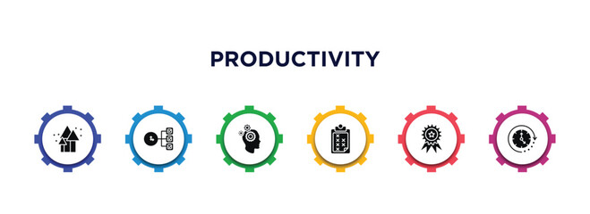 Poster - productivity filled icons with infographic template. glyph icons such as trendy, time hierarchy, mind gears, task page with marks, premium, time passing vector.