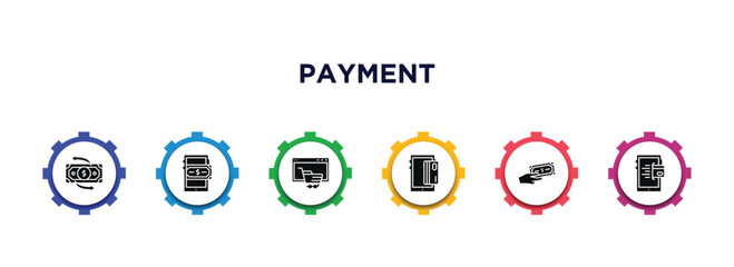 Poster - payment filled icons with infographic template. glyph icons such as money transfer, mobile money, online shopping, mobile card, payment, mobile payment vector.