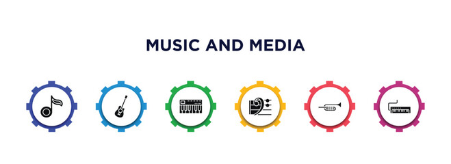 Poster - music and media filled icons with infographic template. glyph icons such as flat, acoustic, music keyboard, bass clef, trombone, melodica vector.